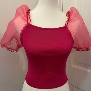 Flamant Rose Pink Knit Top Puff Sleeve Top Size Medium